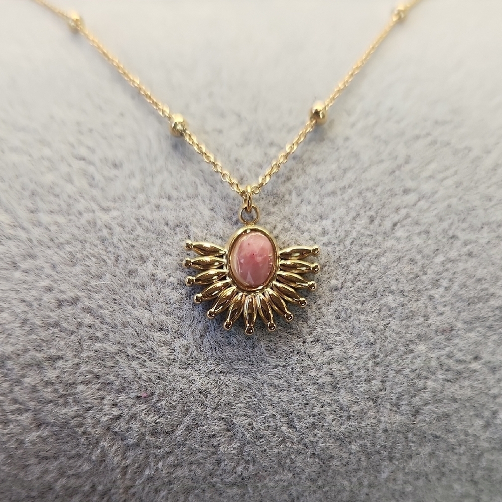 18k Gold Plated Stainless Steel Pink Stone Gold Necklace with Sunburst Pendant